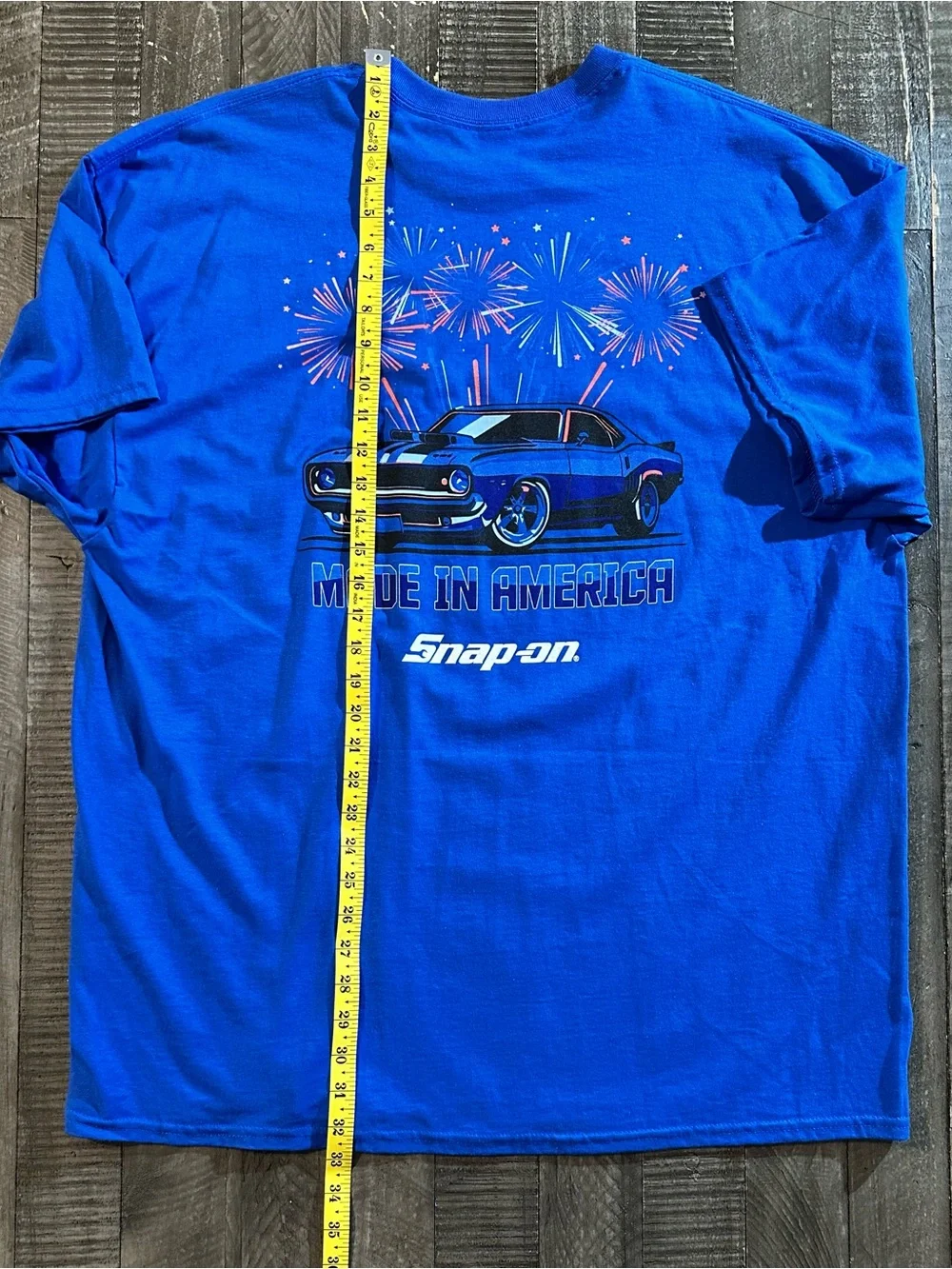 Snap-on Classic Car Graphic T-Shirt in Bright Blue with Fireworks
